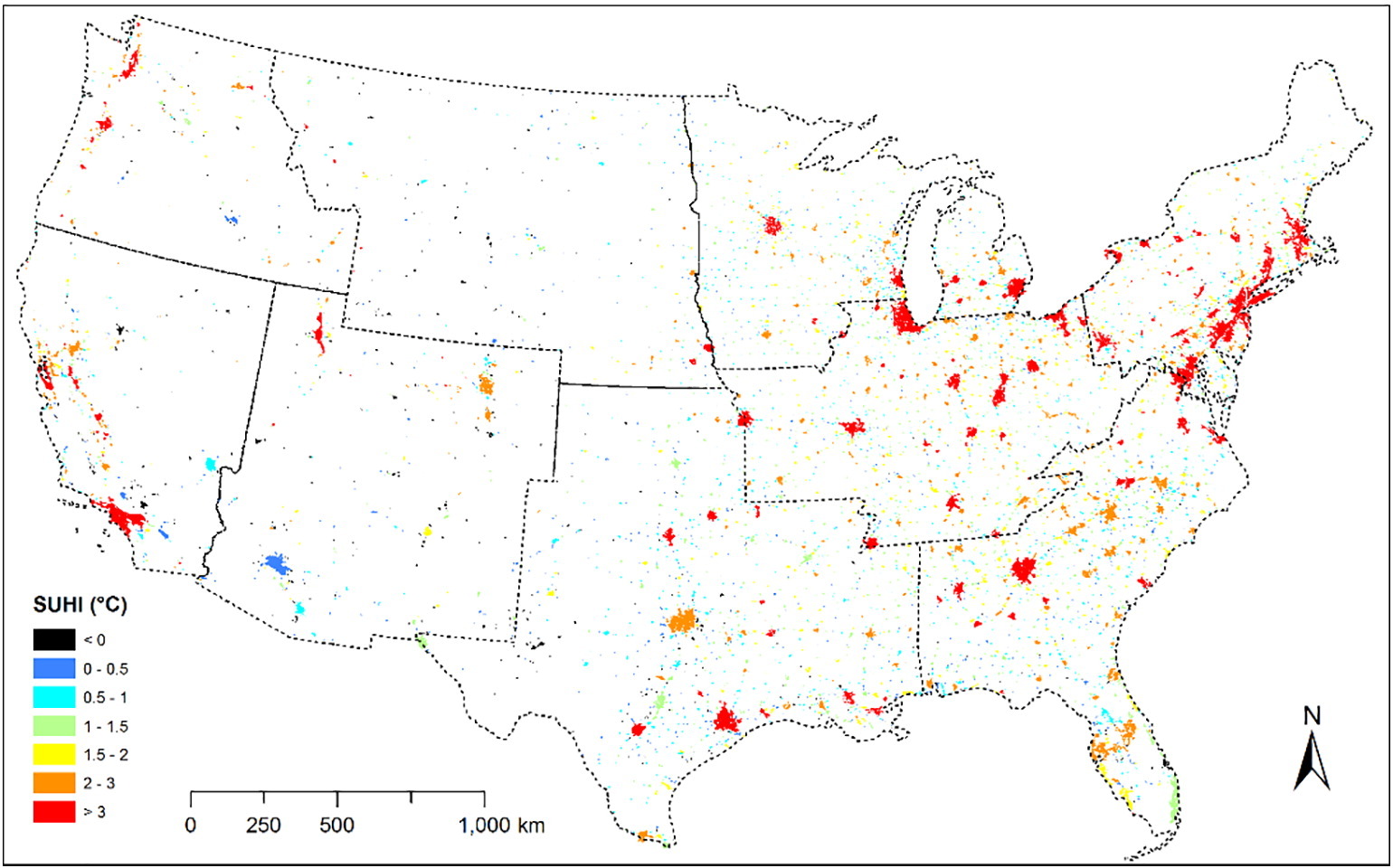 Spatial distribution of summer day-time (1:30 pm) SUHI for the conterminous U.S. in 2010.
